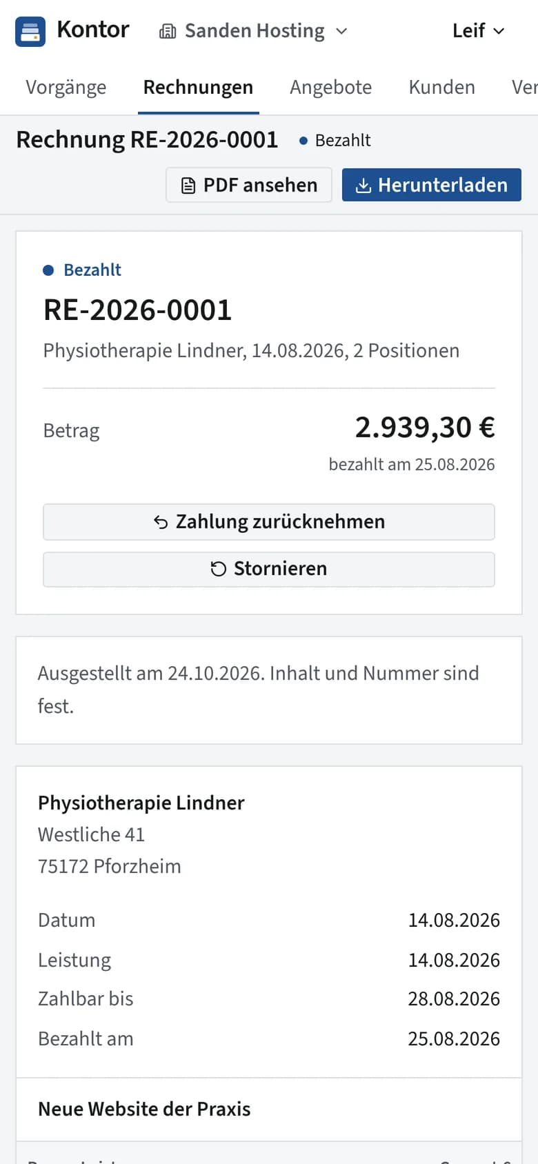 Kontor am Handy, Ansicht einer Rechnung