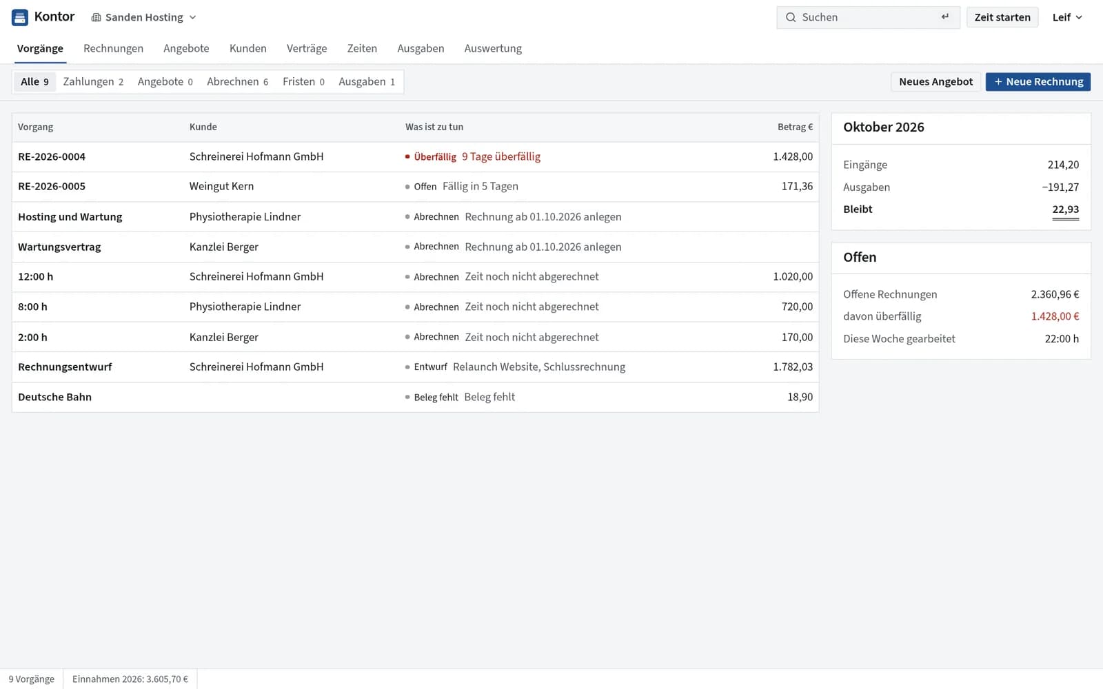 Kontor, Übersicht der Vorgänge mit überfälliger Rechnung, fälligen Vertragsrechnungen und offenen Zeiten
